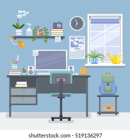 Workspace for freelancer in flat style. Home room with workplace. Vector illustration
