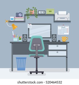 Workspace for freelancer in flat style. Home room with workplace. Vector illustration
