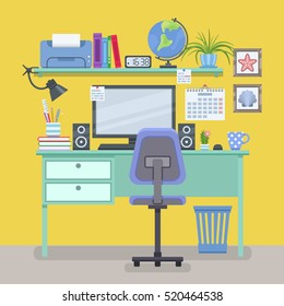 Workspace for freelancer in flat style. Home room with workplace. Vector illustration