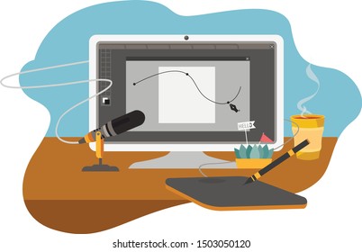 Workspace for freelancer in flat style. Workplace with computer and microphone. Vector illustration for landing page