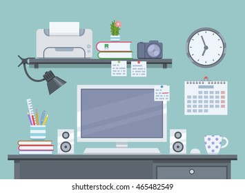 Workspace for freelancer in flat style. Workplace with computer and printer. Vector illustration