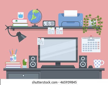 Workspace for freelancer in flat style. Workplace with computer, printer and globe. Vector illustration