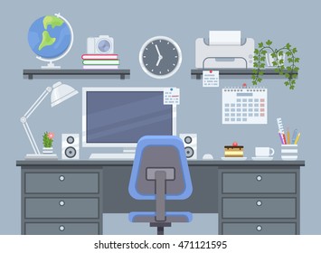 Workspace for freelancer in flat style. Workplace with computer, printer and globe. Vector illustration