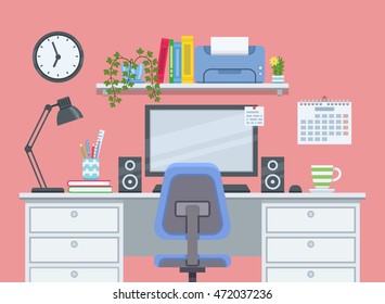 Workspace for freelancer in flat style. Workplace with computer and printer. Vector illustration
