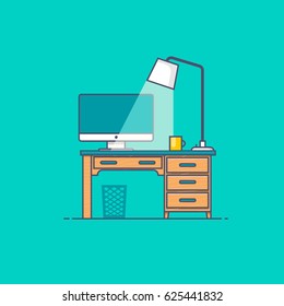 Workspace Front view of designer desk with white computer Vector illustration