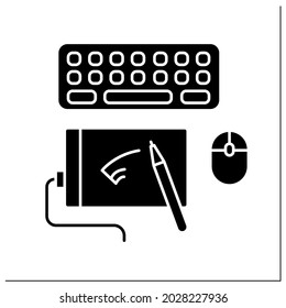 Workspace glyph icon.Modern technologies for productivity work. Keyboard and computer mice. Special tablet and pen for drawing. Office concept.Filled flat sign. Isolated silhouette vector illustration
