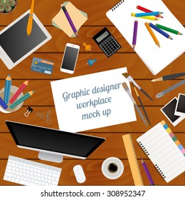 Workspace of the graphic designer. Mock up for creating your own modern creative office desktop workshop style. Flat design vector mock up. Vector illustration