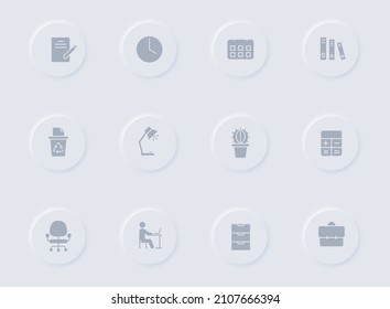 Arbeitsfläche graue Vektorsymbole auf runden Gummiknöpfen. Arbeitsplatz-Icon-Set für Web, mobile Apps, i-Design und Förderung der Unternehmenspolygraphie