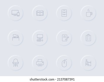 workspace gray vector icons on round rubber buttons. workspace icon set for web, mobile apps, ui design and promo business polygraphy