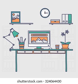 Workspace. Hand drawn office interior or home workplace freelancer in linear style
