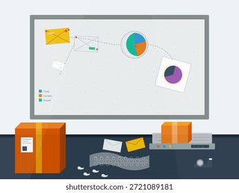 Ein Arbeitsbereich verfügt über eine Wandanzeige mit Grafiken und Kommunikationsmaterialien. Auf dem Tisch liegen Kästchen und Dokumente verstreut. Diese Szene zeigt eine Büroumgebung, die sich auf die Organisation konzentriert.