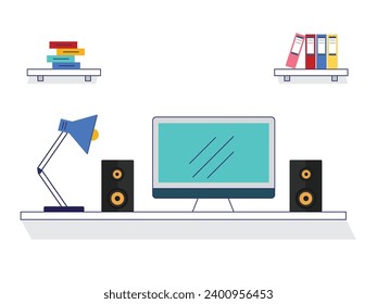 WorkSpace zu Hause mit Computern, Lautsprechern, Lichtern und Büchern. Ein Zimmer zum Lernen. Zeichendesign. Vektorgrafik