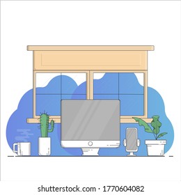 workspace in home. desktop flat illustration.