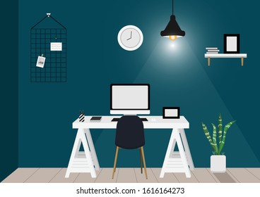 Workspace or home office creative graphic designer, computer, table, clock, frame, desktop, and plant house decoration interior. flat vector illustration