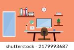 workspace at home or office. Vector simple interior illustration of office desk with laptop.