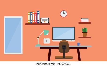 workspace at home or office. Vector simple interior illustration of office desk with laptop.