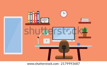 workspace at home or office. Vector simple interior illustration of office desk with laptop.