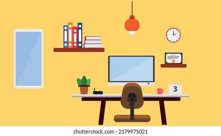 Arbeitsplatz zu Hause oder im Büro.Vektorgrafik einfache Inneneinrichtung.