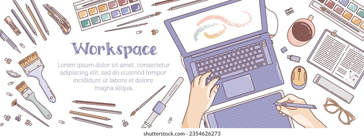 Workspace horizontal banner. Desktop of an artist or designer, laptop, Paints and brushes, notebook, mug, graphic tablet, flash drive, glasses. Doodle style. office. For website, poster, sale flyer