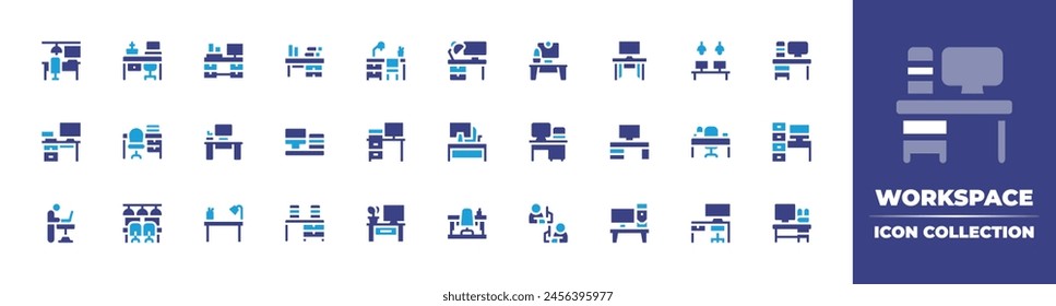 Workspace icon collection. Duotone color. Vector illustration. Containing workspace, desk, coworking, office table, help desk, office, working, work table, table, workplace, computer, work space.