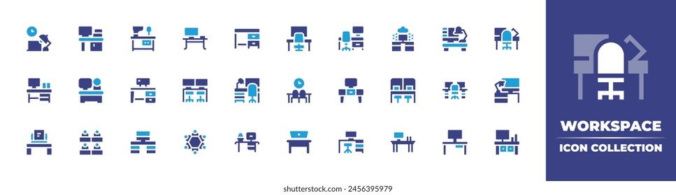 colección de iconos de Espacio de trabajo. Color duotono. Ilustración vectorial. Conteniendo computadora, espacio de trabajo, escritorio, lugar de trabajo, trabajo en equipo, mesa, disposición de escritorio, trabajador.