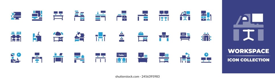 Workspace icon collection. Duotone color. Vector illustration. Containing workspace, desk, coworking, desktop, workplace, analysis, overwork, office, telecommuting, desk arrangement, books.