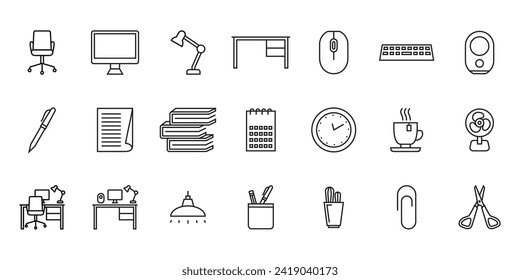 colección de iconos del área de trabajo, plantilla de iconos vectoriales, editable y redimensionable.