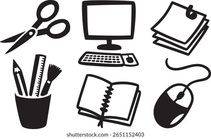 Workspace icon pack showing scissors computer sticky notes mouse pencils open notebook ideal for office UI projects educational platforms or business stationery themes