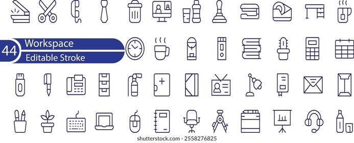 Workspace icon set. Containing briefcase, desk, computer, meeting, employee, schedule and co-worker symbol.