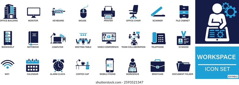 Workspace icon set Desktop Computer, Laptop, Monitor, Keyboard, Mouse, Printer, Scanner, Desk, Office Chair, File Cabinet, Bookshelf, Notebook You can easily change the color.