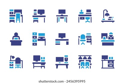 Workspace icon set. Duotone color. Vector illustration. Containing coworking, workspace, workplace, help desk, employee, work table, table, office, desk, table lamp, computer, work space.