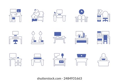 Workspace icon set. Duotone style line stroke and bold. Vector illustration. Containing workspace, coworking, workplace, desk, office, computer, books.