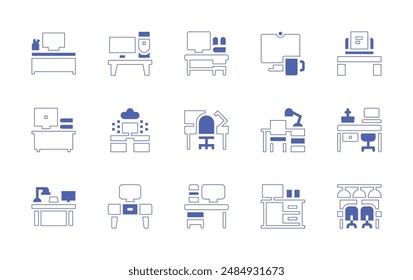 Workspace icon set. Duotone style line stroke and bold. Vector illustration. Containing coffee, desk, coworking, workspace, work table, table, workplace, computer.