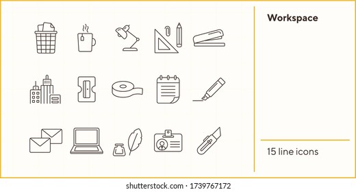 Workspace icon set. Line icons collection on white background. Stationery, paperwork, college. Creativity concept. Can be used for topics like back to school, education, office
