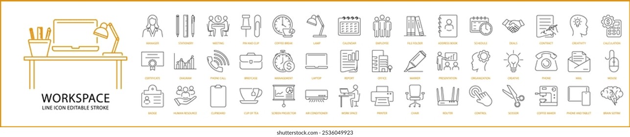 Conjunto de iconos de Espacio de trabajo en línea en estilo. Contiene escritorio, oficina, lugar de trabajo, trabajo, portátil, silla, negocio, computadora, reunión, esquema, hombre de negocios, equipo, mesa, presentación, etc. Ilustración vectorial.