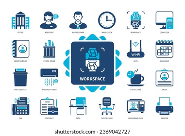 Workspace icon set. Office, Assistant, Businessman, Printer, Contract, Address Book, Calendar, Computer. Duotone color solid icons