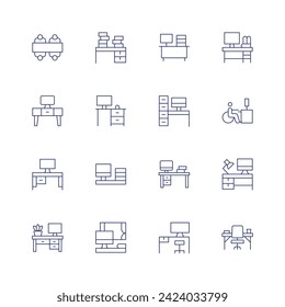 Workspace icon set. Thin line icon. Editable stroke. Containing deskarrangement, overwork, desk, office, workspace.