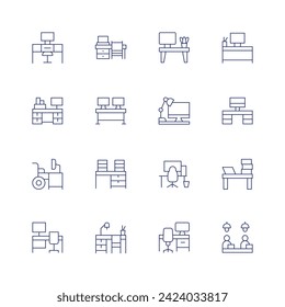Workspace icon set. Thin line icon. Editable stroke. Containing desk, workplace, workspace, coworking, office.