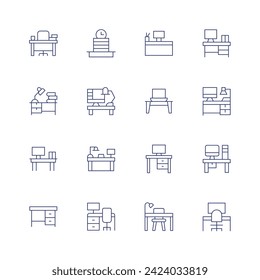 Workspace icon set. Thin line icon. Editable stroke. Containing teacherdesk, overwork, books, computer, desk, workspace.