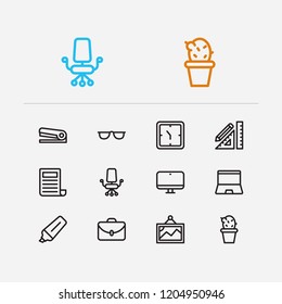Workspace icons set. Case and workspace icons with marker pen, glasses and stationery. Set of painting for web app logo UI design.