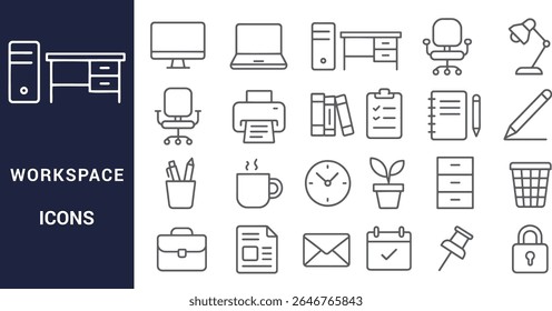 Workspace icons set with computer desk and office supplies