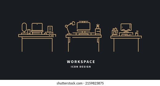 Workspace icons. Set of desk outline. Vector illustration.