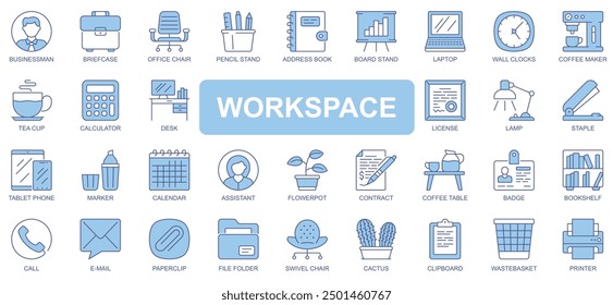 Workspace icons set in duotone outline stroke design for web. Pack pictograms of businessman, briefcase, office chair, pencil, book, board stand, laptop, coffee maker, other. Vector illustration.