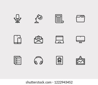 Workspace icons set. Laptop and workspace icons with mail, news and tablet with phone. Set of painting for web app logo UI design.