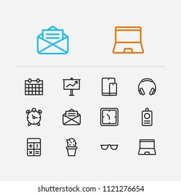 Workspace icons set. Laptop and workspace icons with presentation board, clock and headphone. Set of corporate for web app logo UI design.