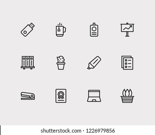 Workspace icons set. Presentation board and workspace icons with flower pot, library and id. Set of corporate for web app logo UI design.