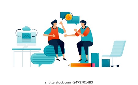 Workspace illustration of employees discussing finances and corporate progress while working. Can be used for poster, template, banner, cover, flyer, brochure