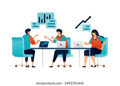 Workspace illustration of group of people debating company planning and corporations strategy. Can be used for landing pages, websites, mobile apps, posters, flyers