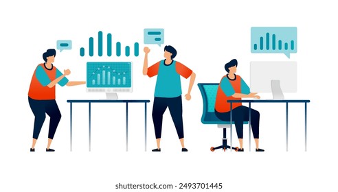 Workspace illustration of people arguing and reviewing charts on company report on screen at meeting. Can be used for landing web, promotion, ads, websites, apps, poster
