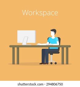 Workspace Illustration Vector Concept. Men Working on Computer.